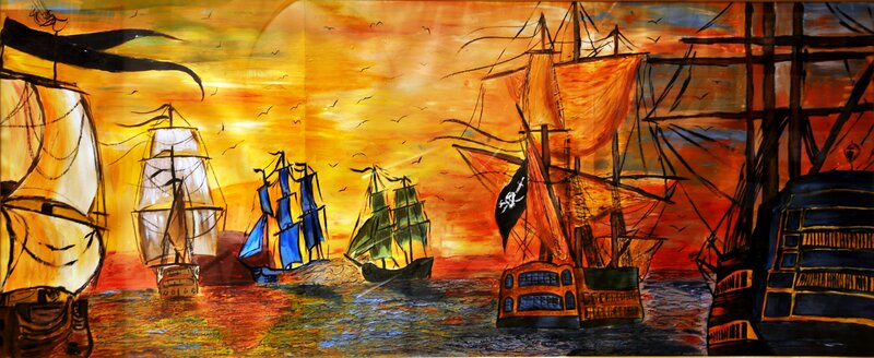 Sailing Ships at Sunset — Orange, Dramatic, Painting