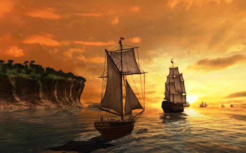 Sailing Ships at Sunset — Orange, Dramatic