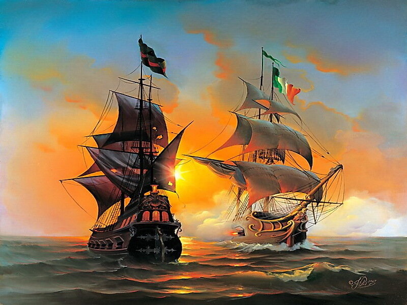 Sailing Ships at Sunset — Orange