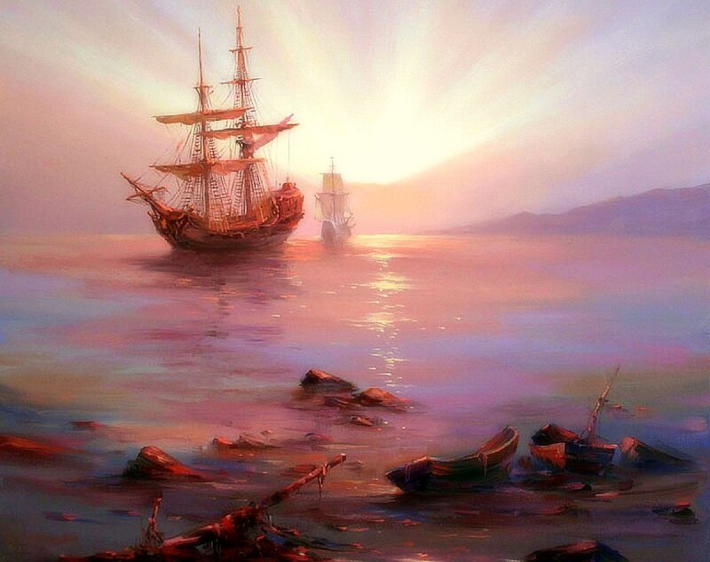Sailing Ships at Sunset — Purple