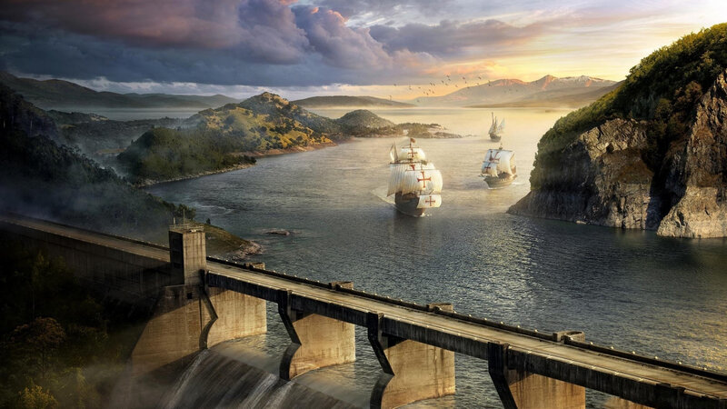 Sailing Ships in a Bay — Blue, Dramatic, Sunset
