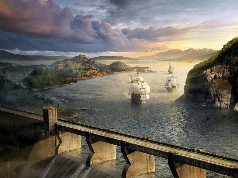 Sailing Ships in a Bay — Blue