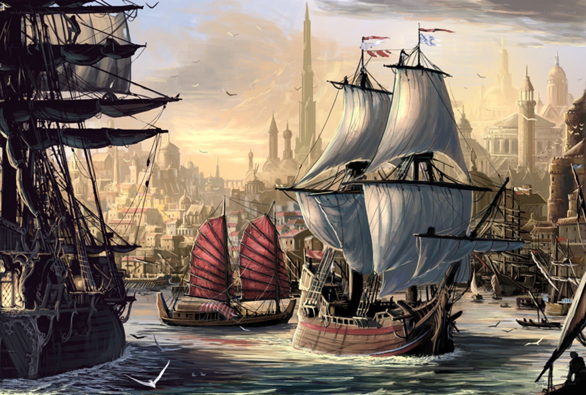 Sailing ships in a bustling port
