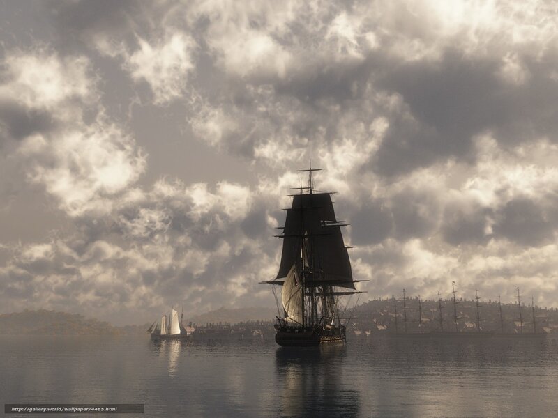 Sailing ships in a cloudy harbor