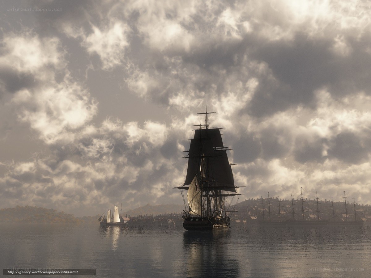 Sailing ships in a cloudy harbor