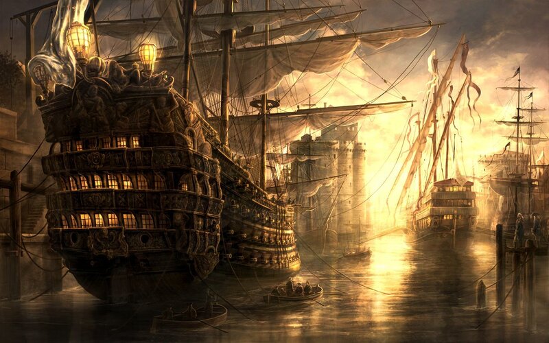 Sailing ships in a golden harbor