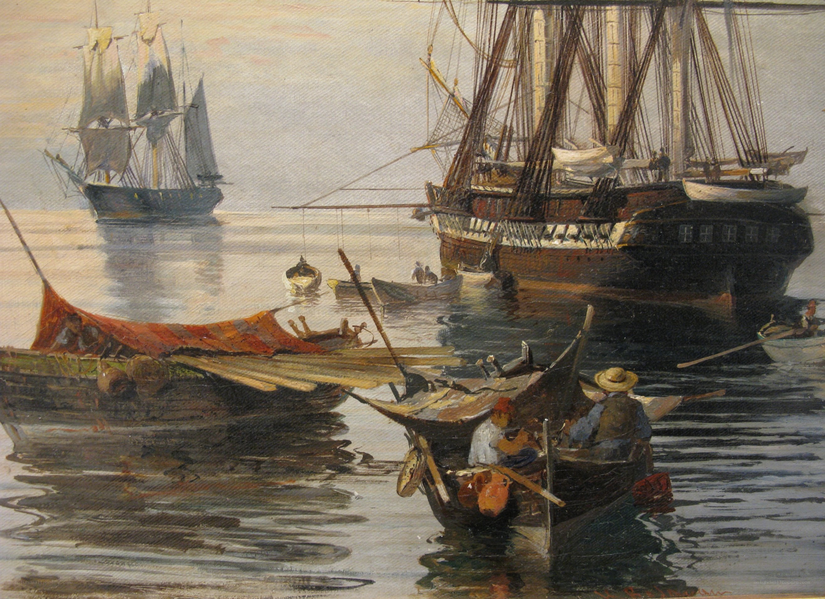 Sailing ships in a harbor
