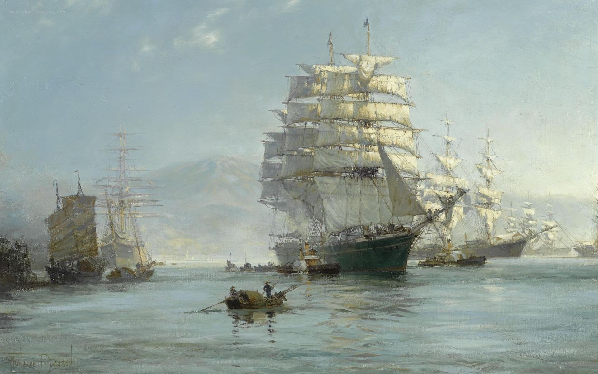 Sailing ships in a harbor