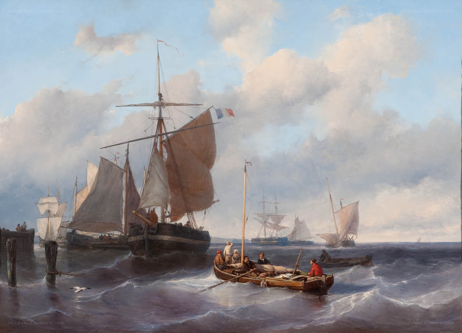 Sailing ships in a harbor