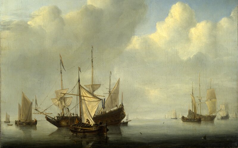 Sailing ships in a harbor