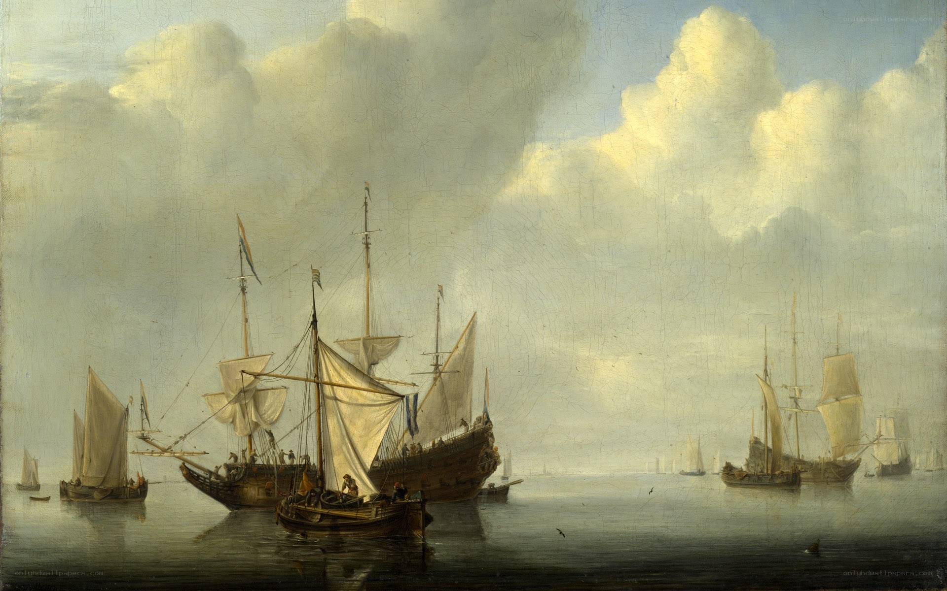 Sailing ships in a harbor