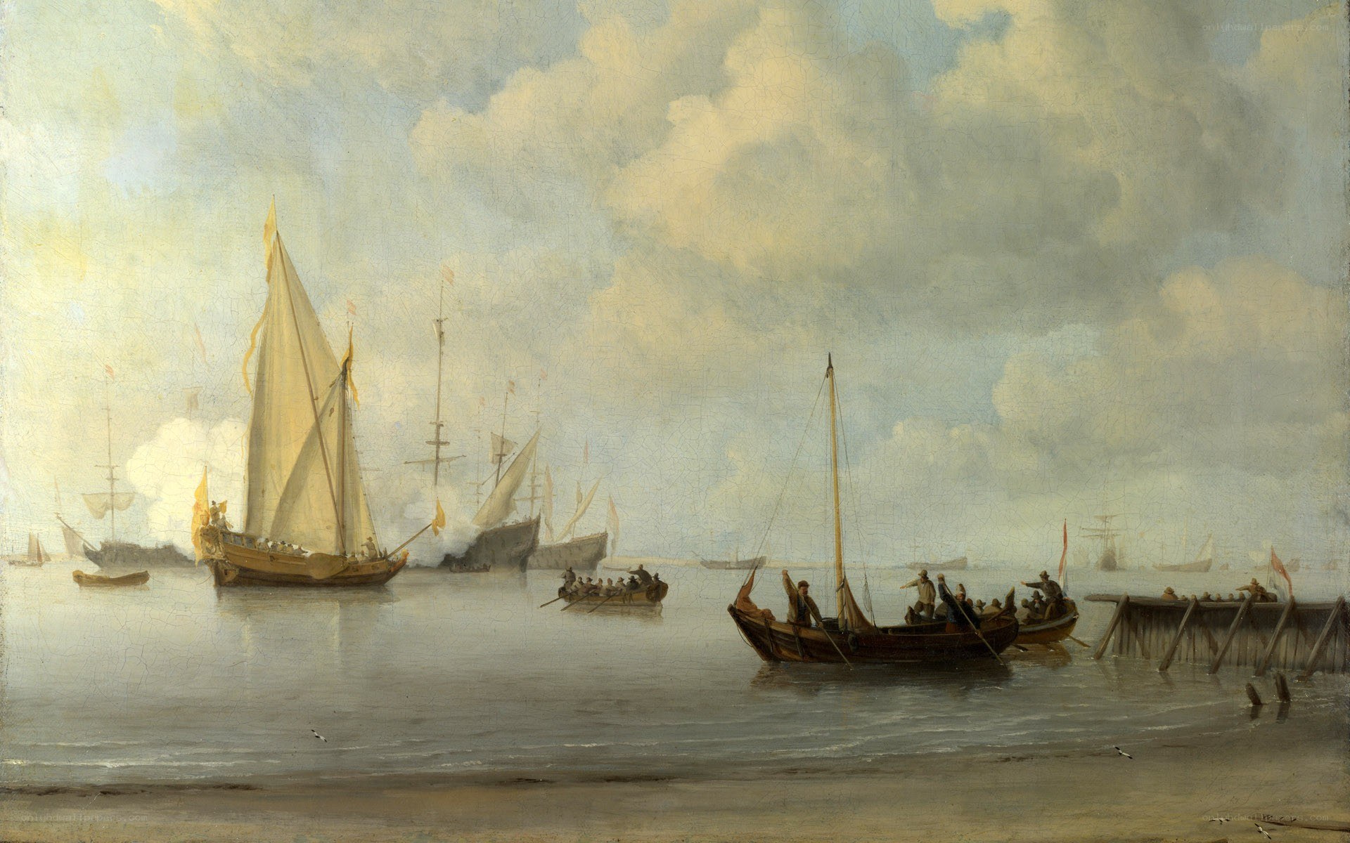 Sailing ships in a harbor