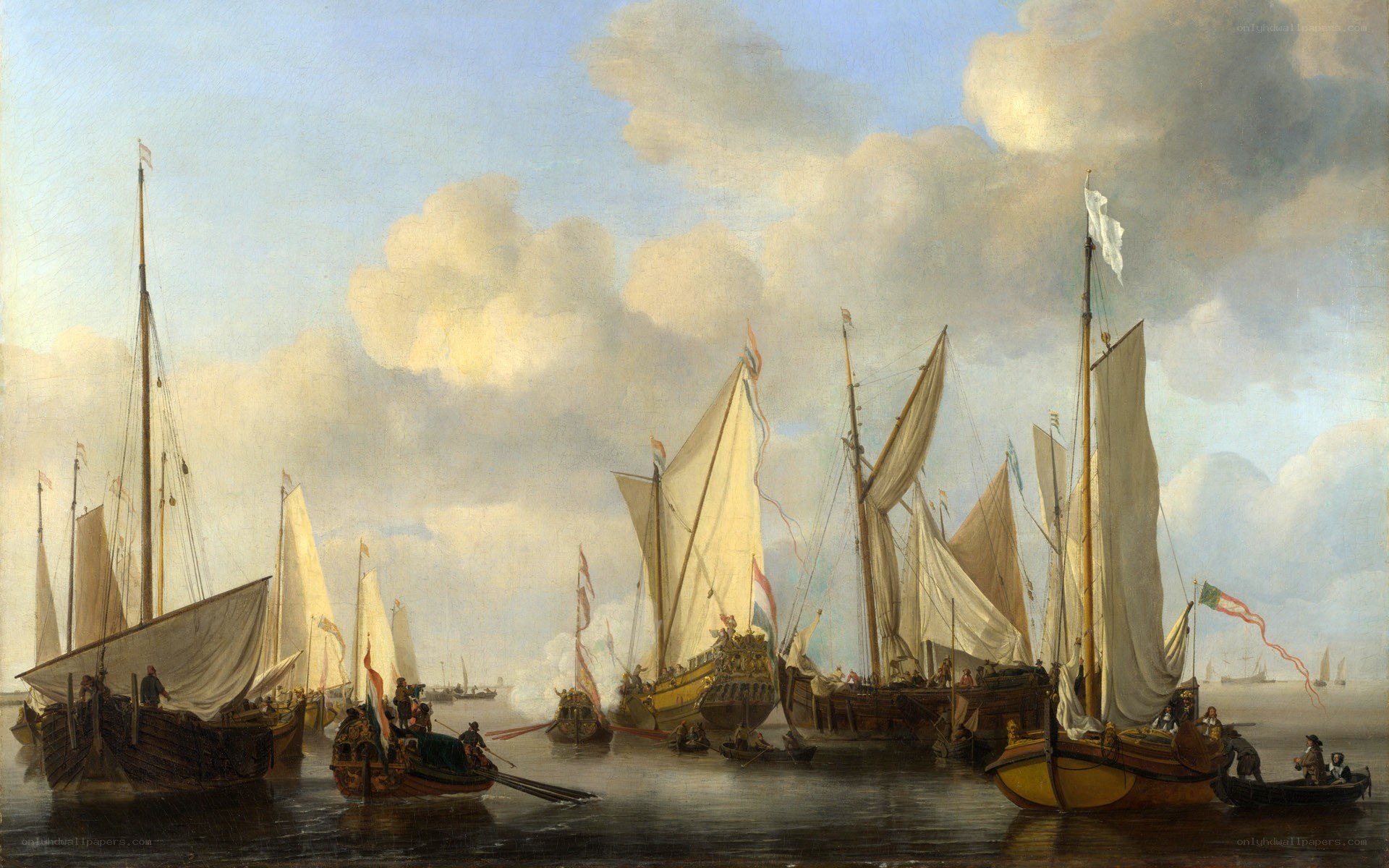 Sailing ships in a harbor
