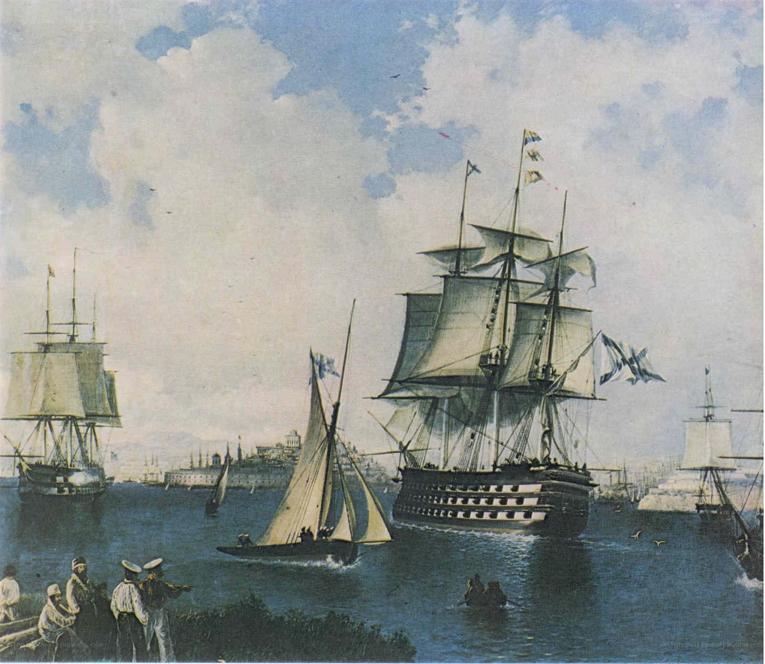 Sailing ships in a harbor