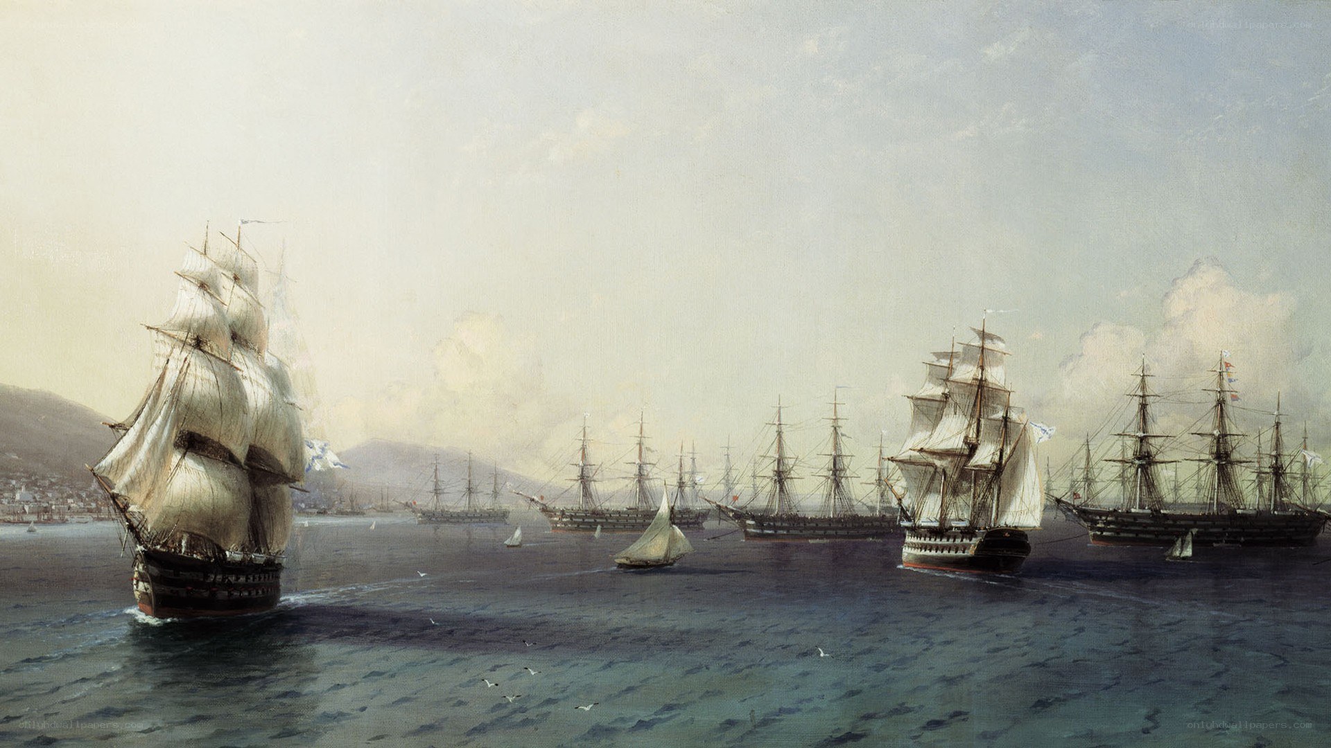 Sailing ships in a harbor