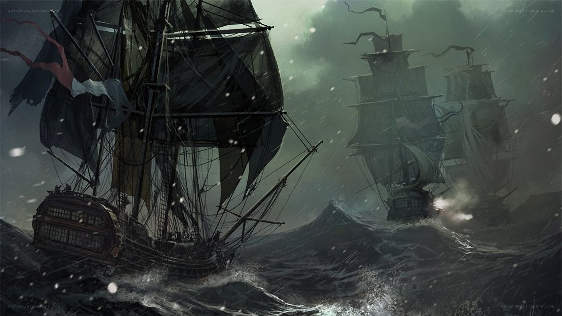 Sailing ships in a storm