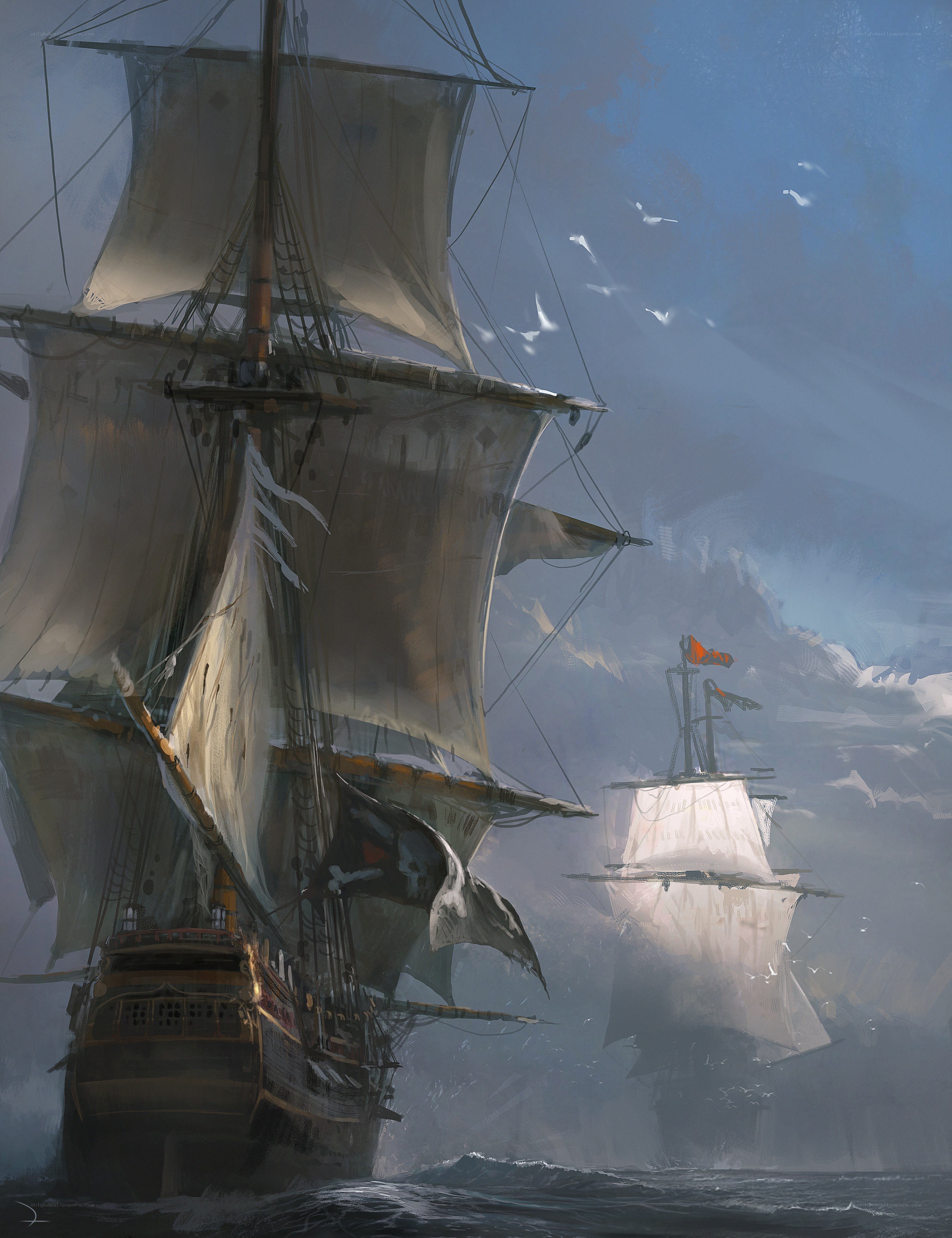 Sailing ships in a storm