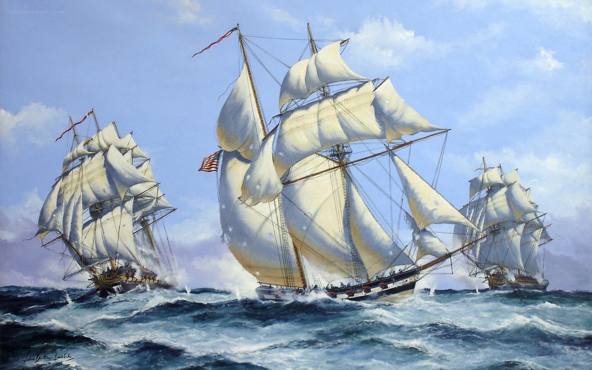 Sailing ships in a storm