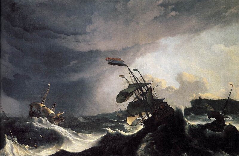 Sailing ships in a storm