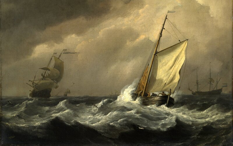 Sailing ships in a stormy sea