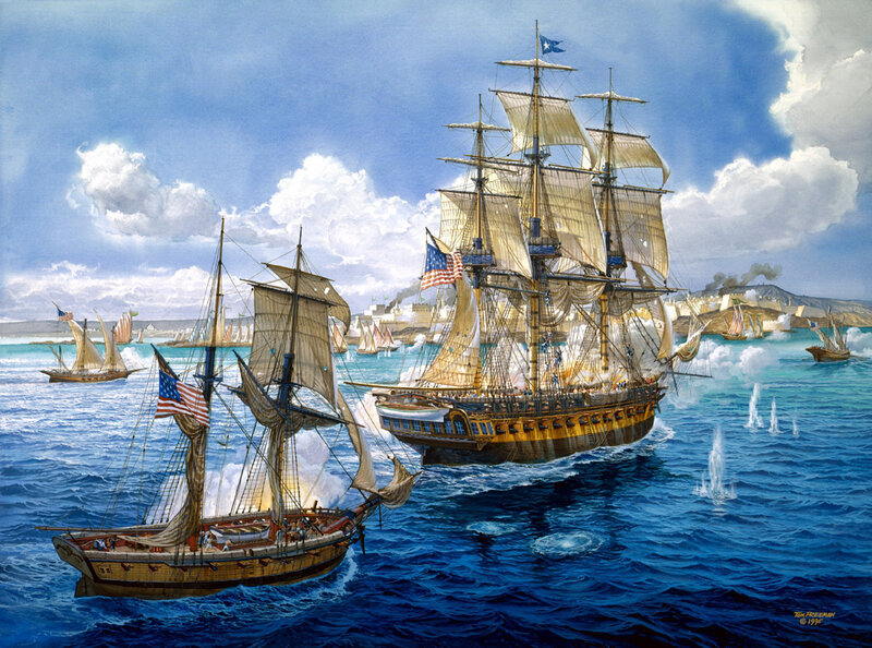 Sailing Ships in Battle — Blue, Dramatic, Afternoon, Illustration, Sea