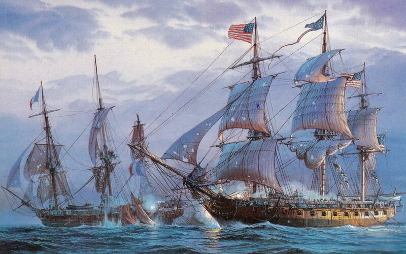Sailing Ships in Battle — Blue, Dramatic, Afternoon, Illustration