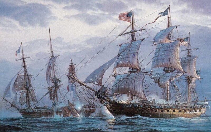 Sailing Ships in Battle — Blue, Dramatic, Afternoon, Painting, Flags