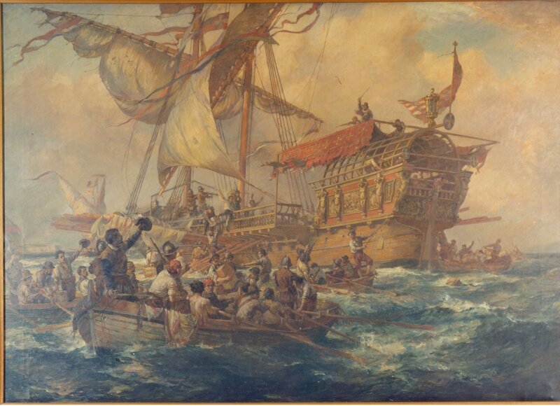 Sailing Ships in Battle — Blue, Dramatic, Afternoon, Painting, Oarsmen