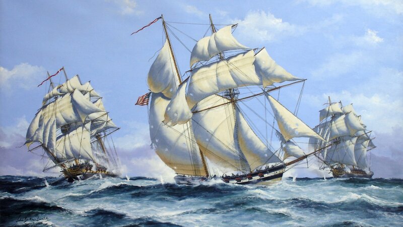 Sailing Ships in Battle — Blue, Dramatic, Afternoon, Painting, Ocean