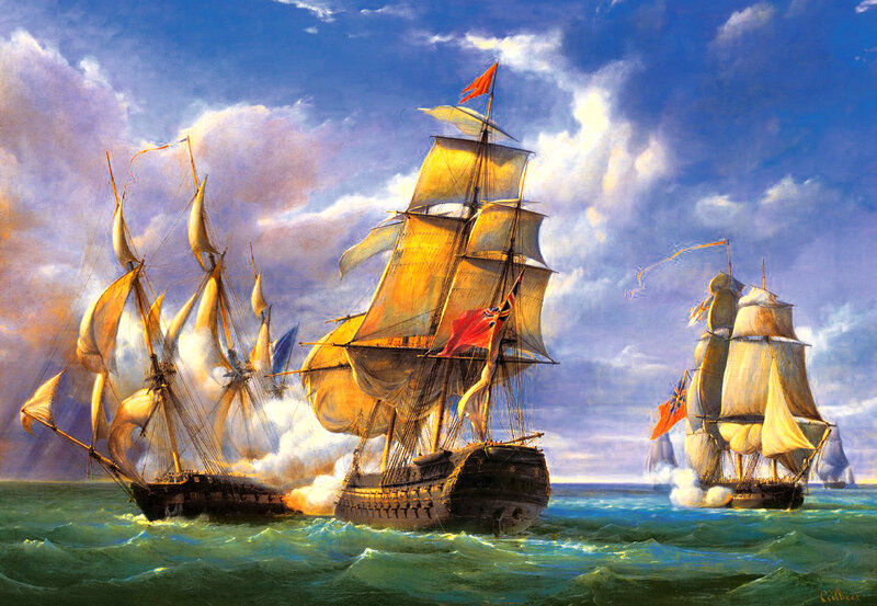 Sailing Ships in Battle — Blue, Dramatic, Afternoon, Painting, Sailboats