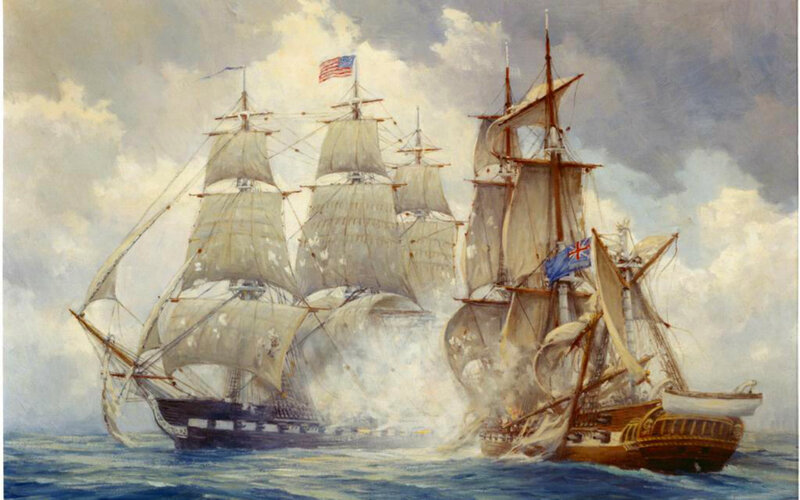 Sailing Ships in Battle — Blue, Dramatic, Painting, Flag