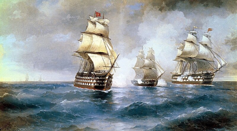 Sailing Ships in Battle — Blue, Dramatic, Painting, Ocean, Clouds, Flags