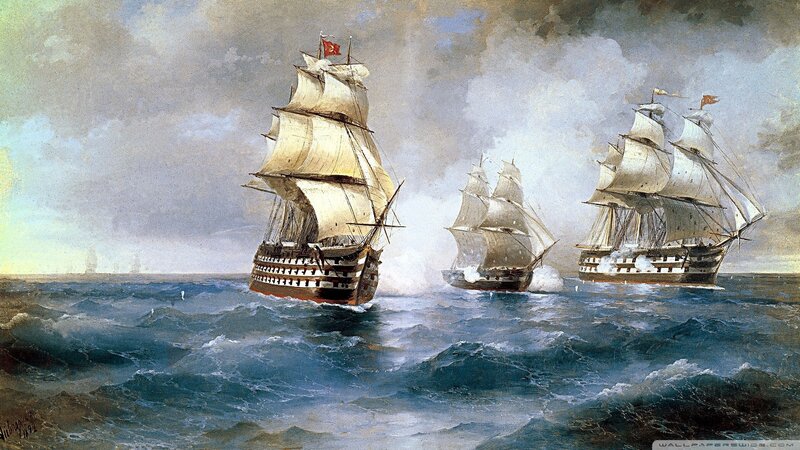 Sailing Ships in Battle — Blue, Dramatic, Painting, Ocean, Clouds