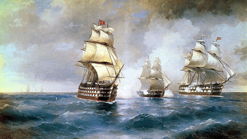 Sailing Ships in Battle — Blue, Dramatic, Painting, Ocean