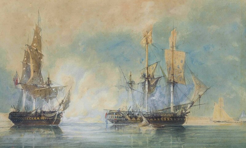 Sailing Ships in Battle — Blue, Dramatic, Painting, Sea