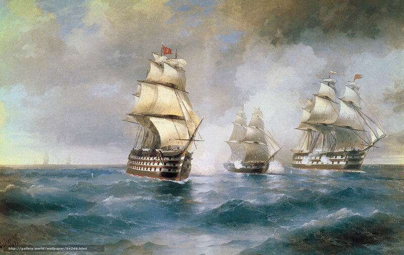 Sailing Ships in Battle — Blue, Dramatic, Painting