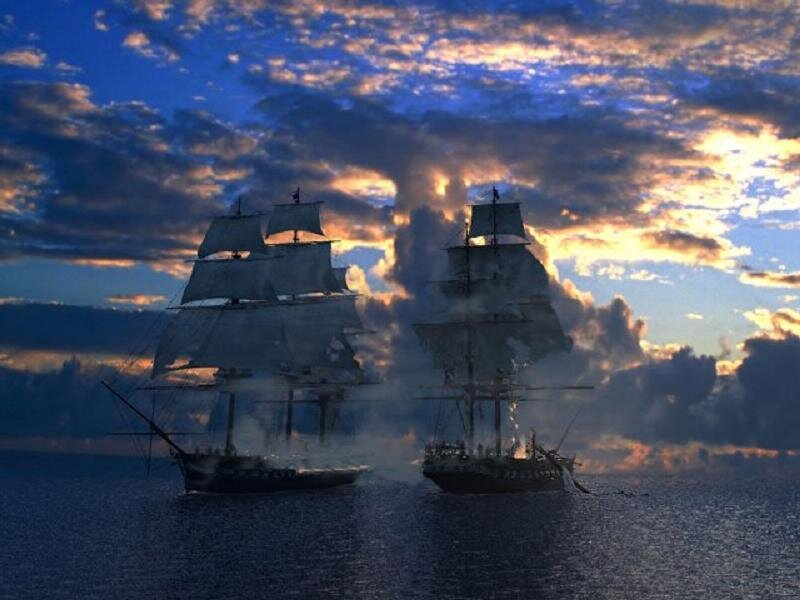 Sailing Ships in Battle — Blue, Dramatic, Sunset