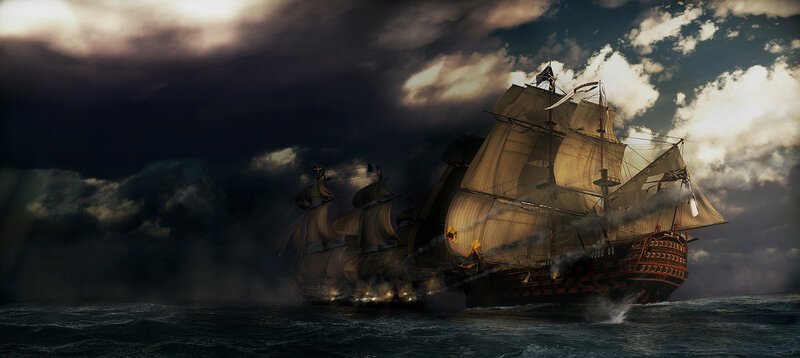 Sailing Ships in Battle — Dark Blue