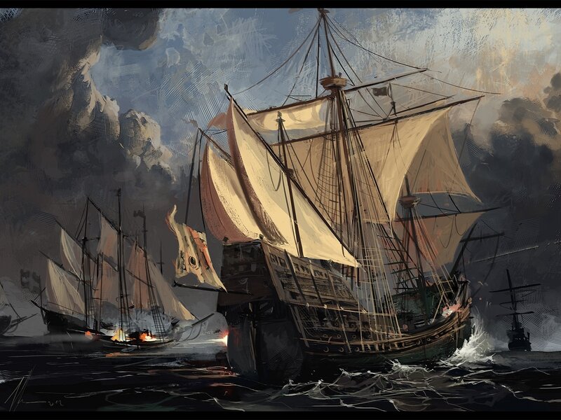 Sailing Ships in Battle — Gray, Dramatic, Digital Art, Ocean