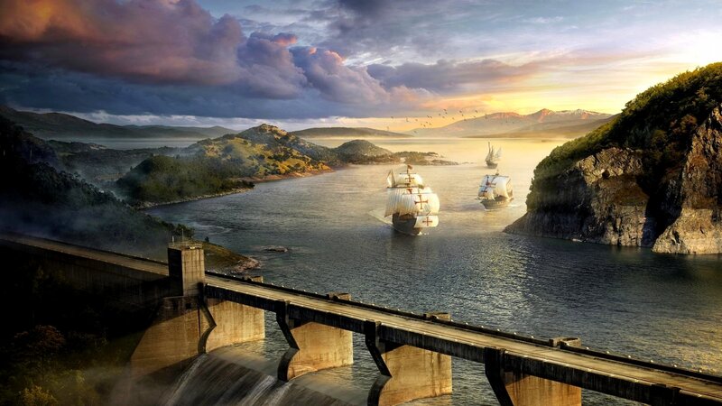 Sailing Ships in Bay — Blue