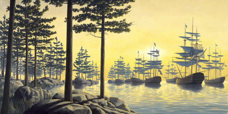 Sailing Ships in Bay — Yellow