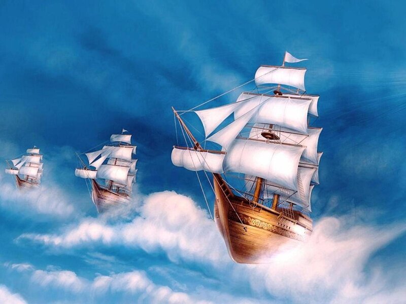 Sailing Ships in Clouds — Blue, Dreamy
