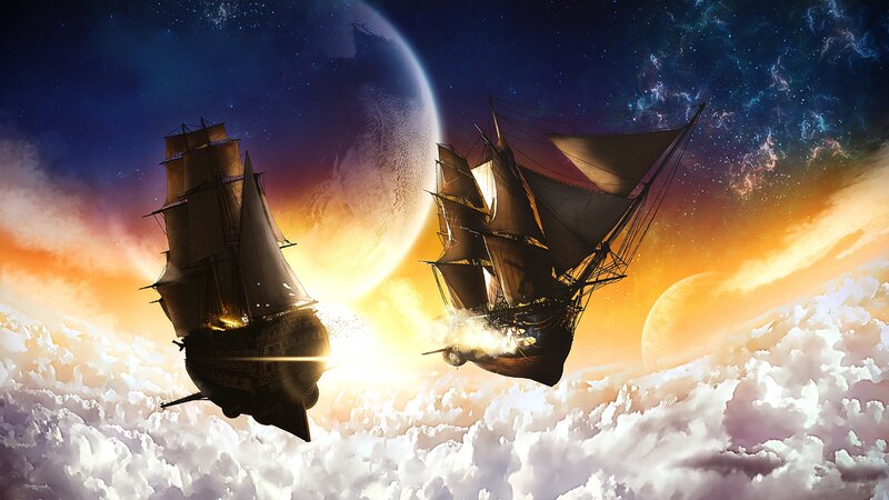 Sailing Ships in Clouds — Blue