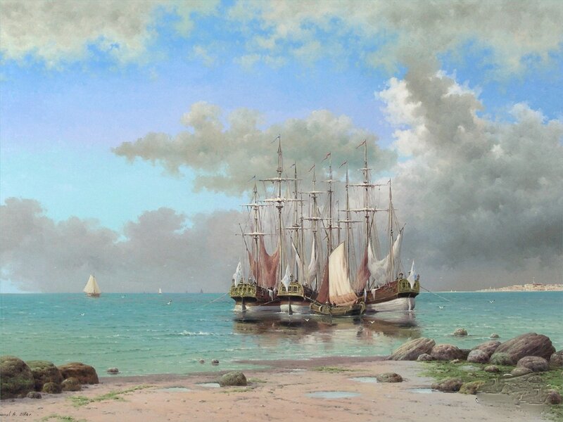 Sailing ships in coastal harbor