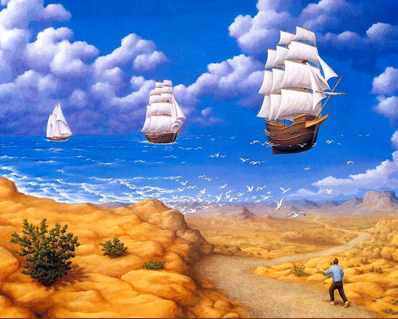 Sailing Ships in Desert — Blue, Dreamlike