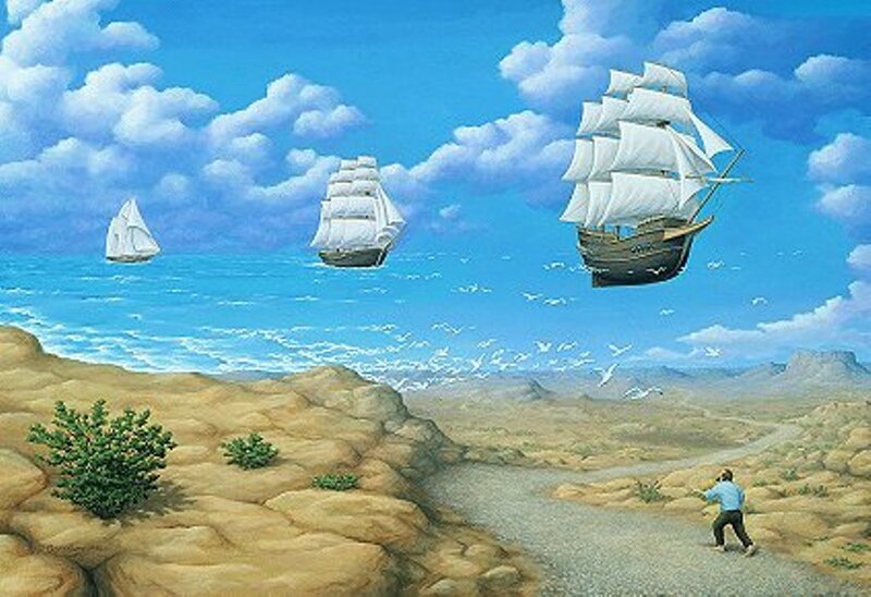 Sailing Ships in Desert — Blue