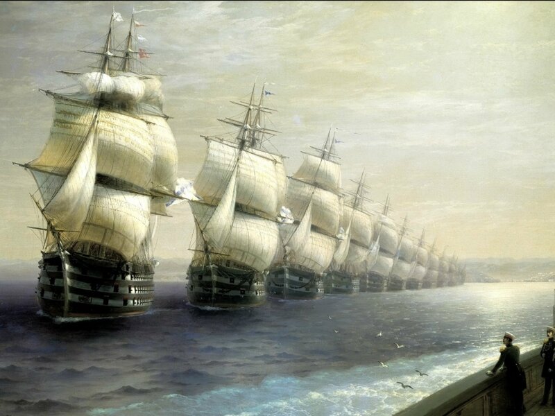 Sailing Ships in Formation — Blue, Dramatic