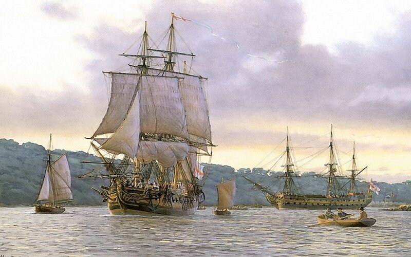 Sailing Ships in Harbor — Blue, Calm, Sunset