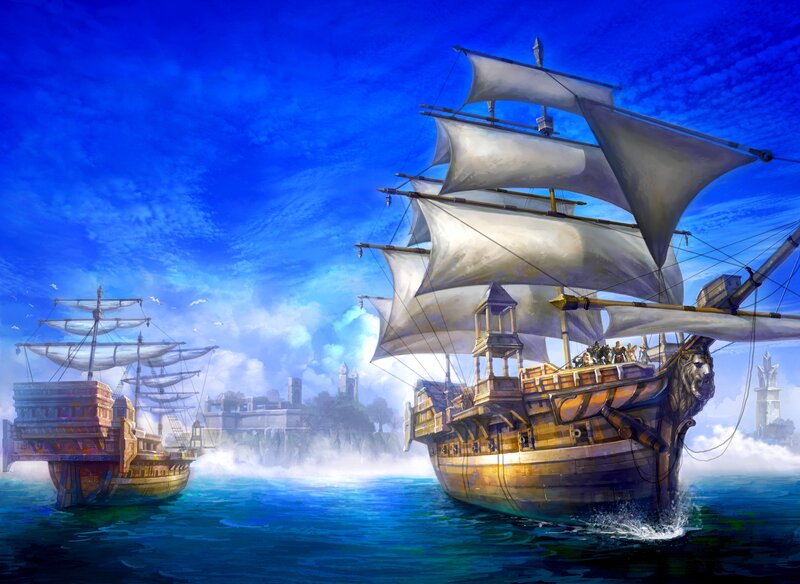 Sailing Ships in Harbor — Blue, Dramatic, Afternoon, Digital Art, Castle