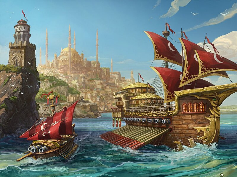Sailing Ships in Harbor — Blue, Dramatic, Afternoon, Digital Art, City